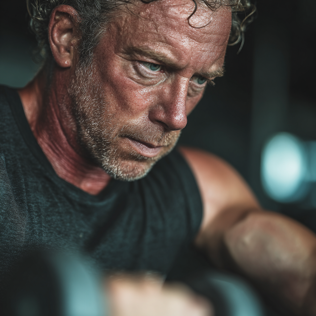 mature fitness enthusiast working out with determination and focus